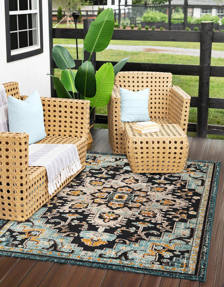 Navy Blue 6' 1 x 9' Outdoor Casablanca Rectangle Area Rug Weather Resistant for Patio, Deck, Terrace, Balcony, Porch Polypropylene Vivid Colorful Modern Carpet for Sale at Rug Engine