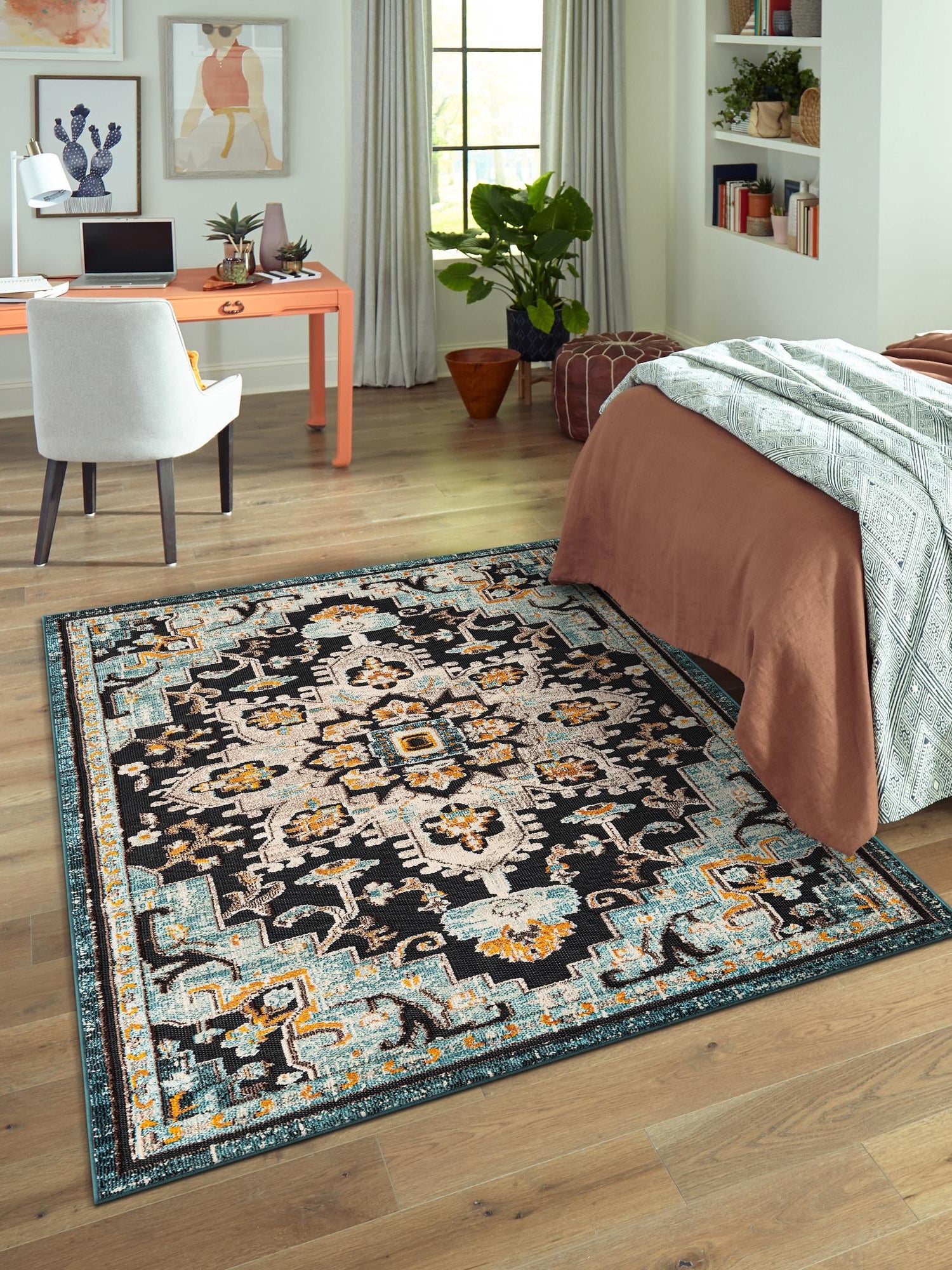 Navy Blue 5' 3 x 8' Outdoor Casablanca Rectangle Area Rug Weather Resistant for Patio, Deck, Terrace, Balcony, Porch Polypropylene Vivid Colorful Modern Carpet for Sale at Rug Engine