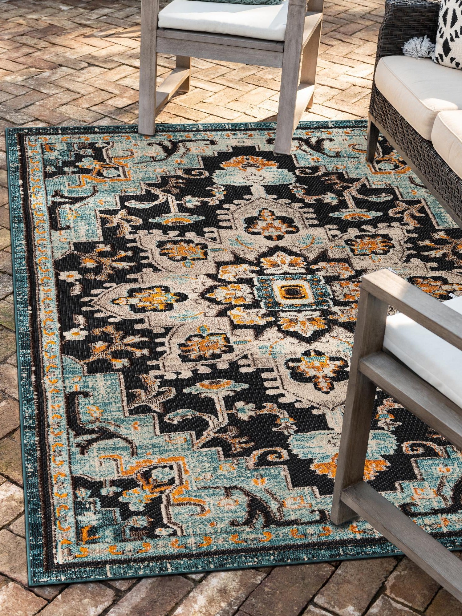 Navy Blue 5' 3 x 8' Outdoor Casablanca Rectangle Area Rug Weather Resistant for Patio, Deck, Terrace, Balcony, Porch Polypropylene Vivid Colorful Modern Carpet for Sale at Rug Engine