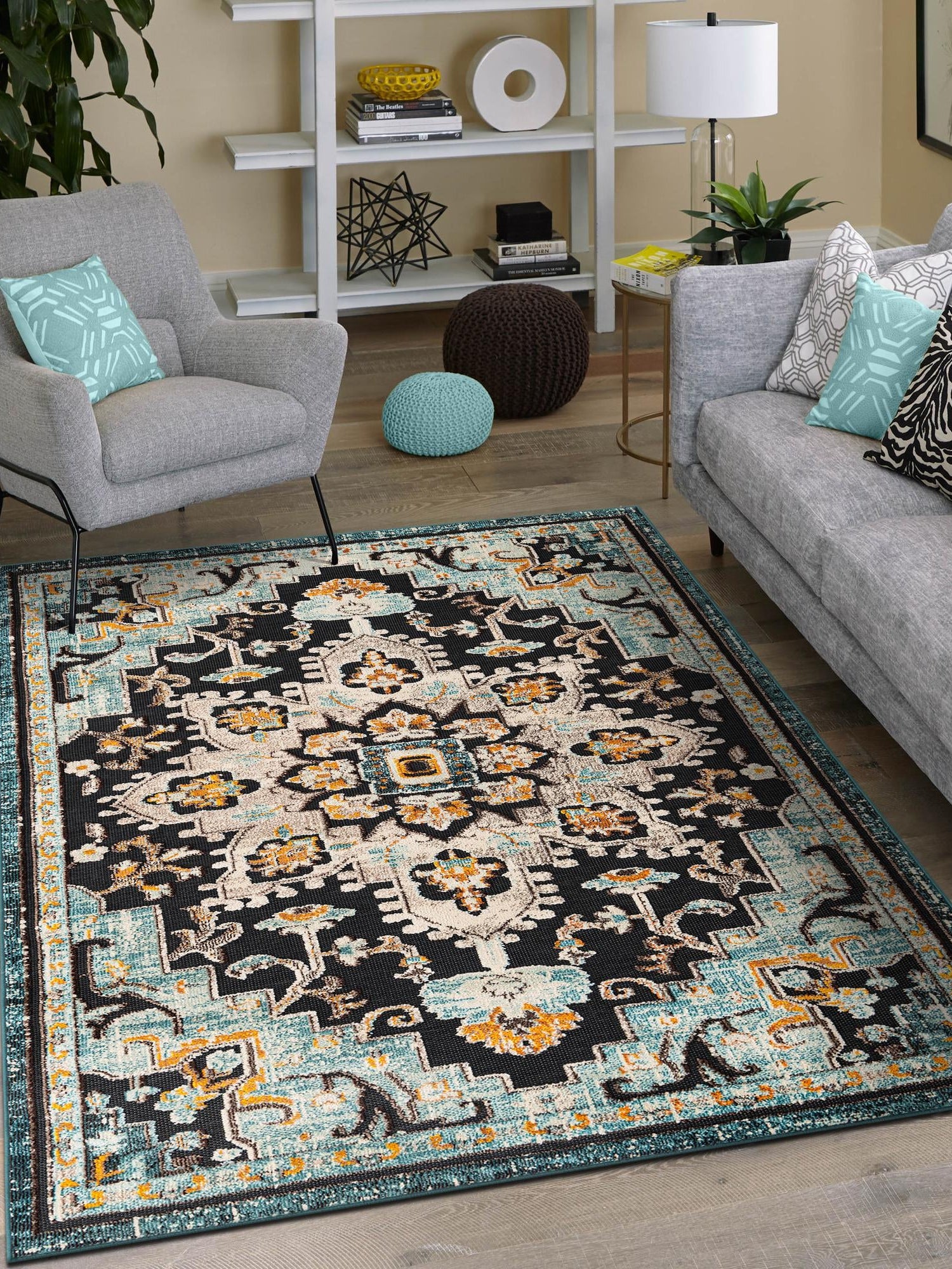 Navy Blue 5' 3 x 8' Outdoor Casablanca Rectangle Area Rug Weather Resistant for Patio, Deck, Terrace, Balcony, Porch Polypropylene Vivid Colorful Modern Carpet for Sale at Rug Engine
