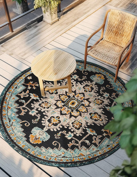Navy Blue 6' 1 x 6' 1 Outdoor Casablanca Round Area Rug Weather Resistant for Patio, Deck, Terrace, Balcony, Porch Polypropylene Vivid Colorful Modern Carpet for Sale at Rug Engine