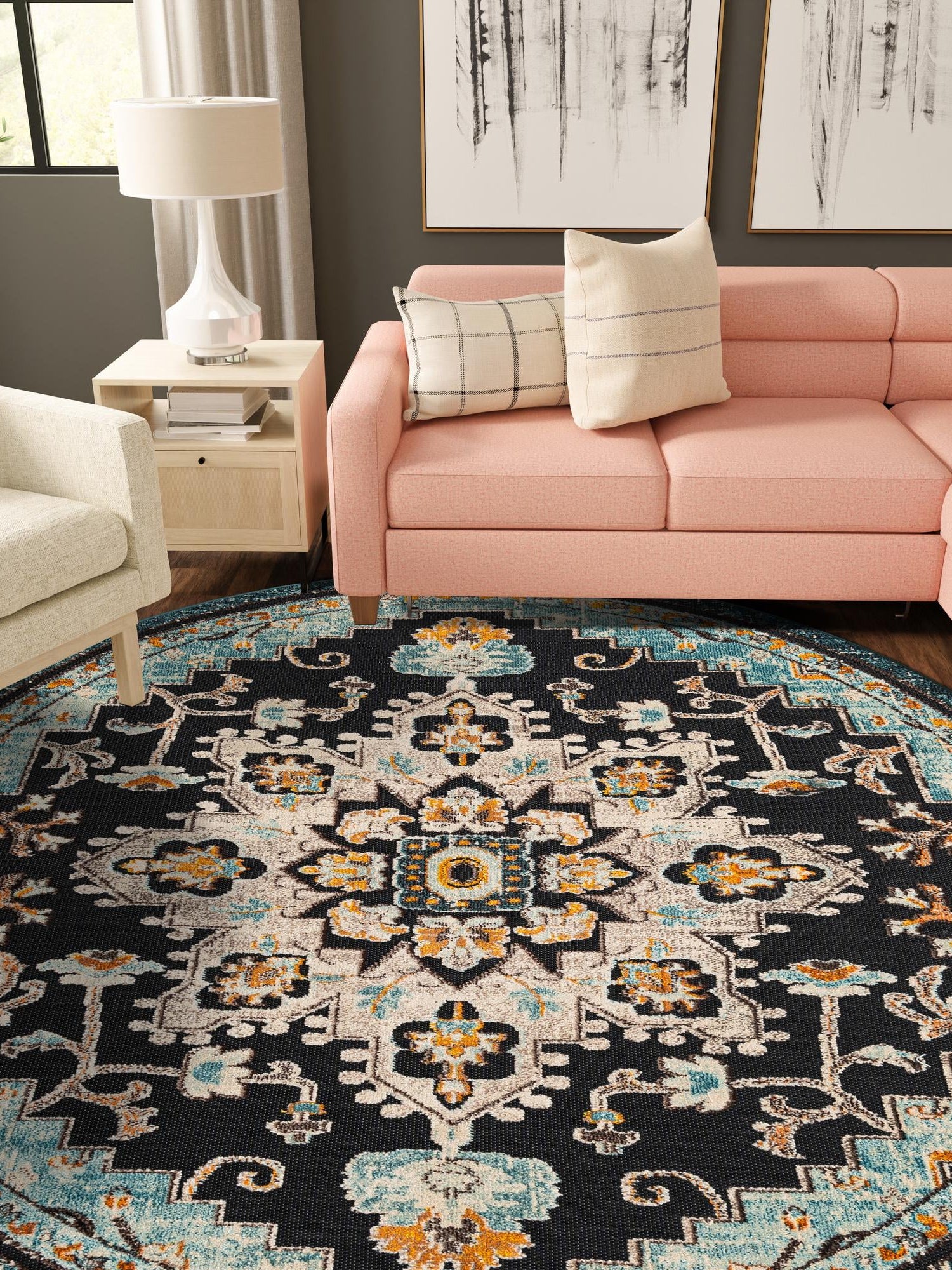 Navy Blue 6' 1 x 6' 1 Outdoor Casablanca Round Area Rug Weather Resistant for Patio, Deck, Terrace, Balcony, Porch Polypropylene Vivid Colorful Modern Carpet for Sale at Rug Engine