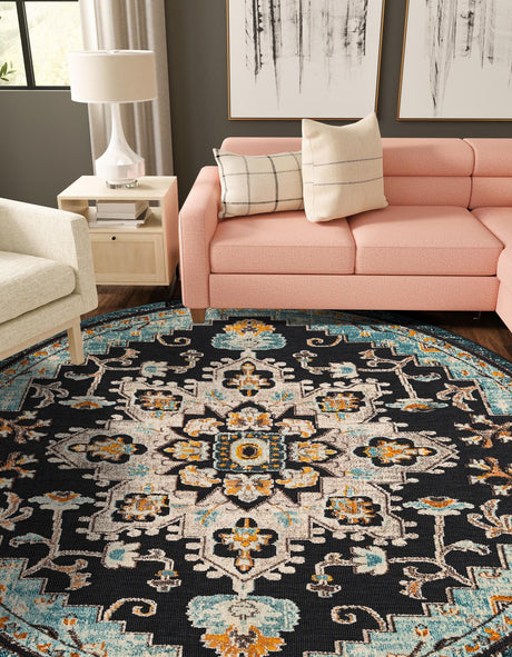 Navy Blue 6' 1 x 6' 1 Outdoor Casablanca Round Area Rug Weather Resistant for Patio, Deck, Terrace, Balcony, Porch Polypropylene Vivid Colorful Modern Carpet for Sale at Rug Engine