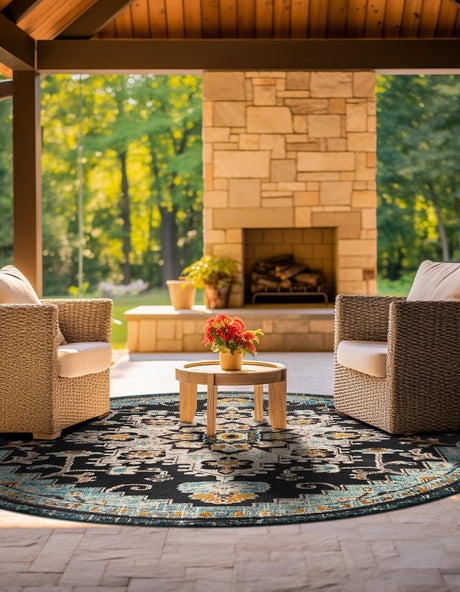 Navy Blue 6' 1 x 6' 1 Outdoor Casablanca Round Area Rug Weather Resistant for Patio, Deck, Terrace, Balcony, Porch Polypropylene Vivid Colorful Modern Carpet for Sale at Rug Engine