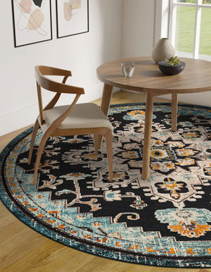 Navy Blue 3' 1 x 3' 1 Outdoor Casablanca Round Area Rug Weather Resistant for Patio, Deck, Terrace, Balcony, Porch Polypropylene Vivid Colorful Modern Carpet for Sale at Rug Engine