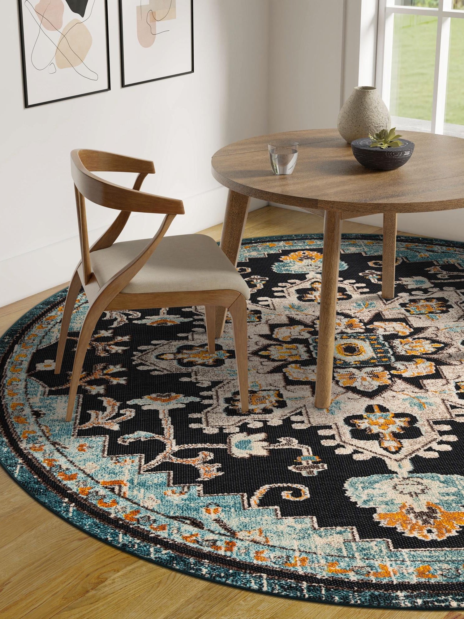 Navy Blue 6' 1 x 6' 1 Outdoor Casablanca Round Area Rug Weather Resistant for Patio, Deck, Terrace, Balcony, Porch Polypropylene Vivid Colorful Modern Carpet for Sale at Rug Engine