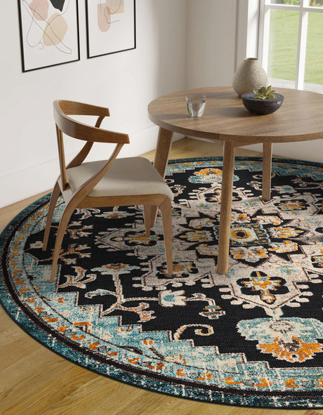 Navy Blue 6' 1 x 6' 1 Outdoor Casablanca Round Area Rug Weather Resistant for Patio, Deck, Terrace, Balcony, Porch Polypropylene Vivid Colorful Modern Carpet for Sale at Rug Engine