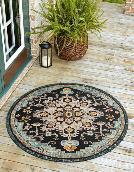 Navy Blue 7' 10 x 7' 10 Outdoor Casablanca Round Area Rug Weather Resistant for Patio, Deck, Terrace, Balcony, Porch Polypropylene Vivid Colorful Modern Carpet for Sale at Rug Engine
