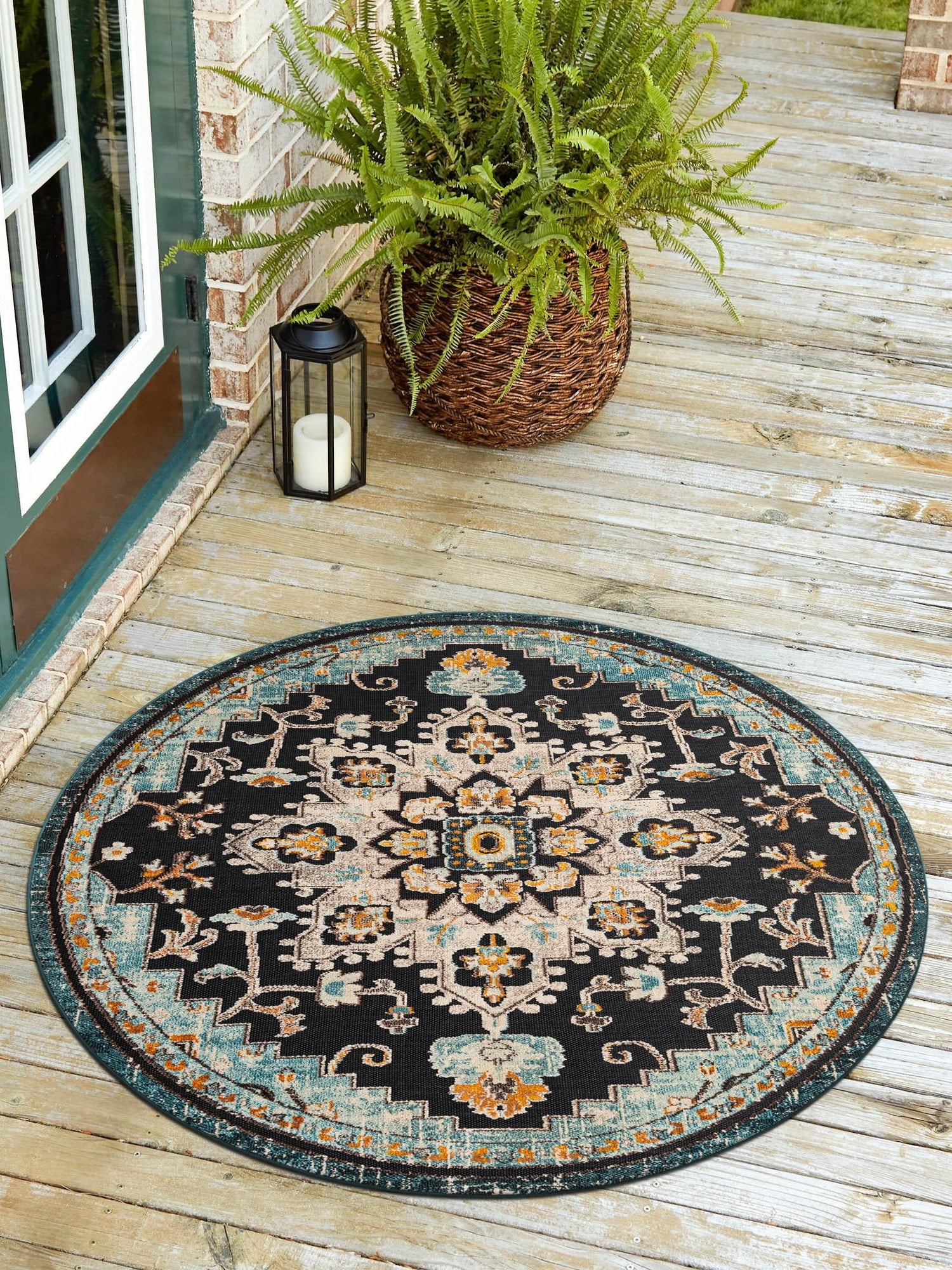 Navy Blue 6' 1 x 6' 1 Outdoor Casablanca Round Area Rug Weather Resistant for Patio, Deck, Terrace, Balcony, Porch Polypropylene Vivid Colorful Modern Carpet for Sale at Rug Engine
