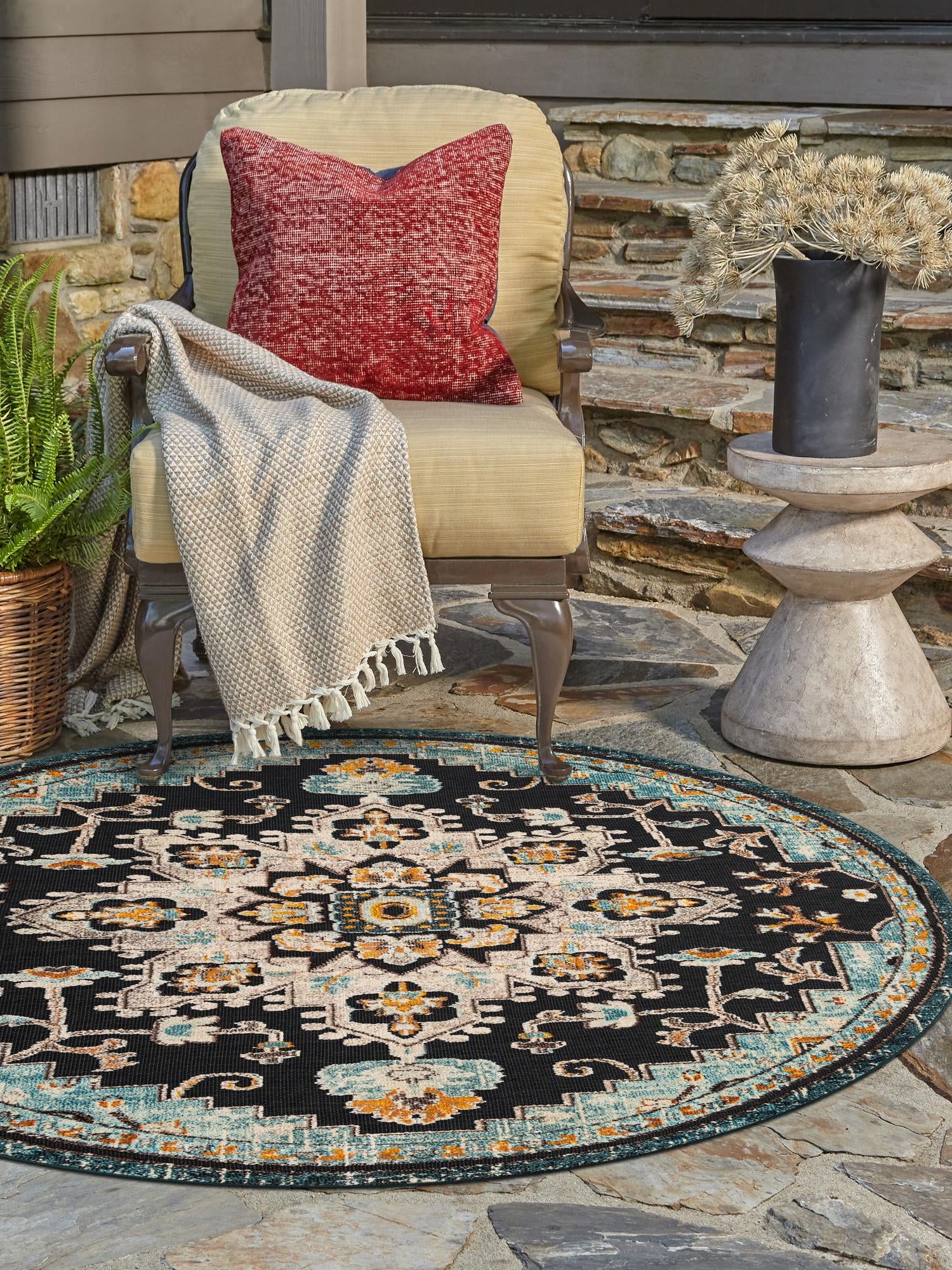 Navy Blue 7' 10 x 7' 10 Outdoor Casablanca Round Area Rug Weather Resistant for Patio, Deck, Terrace, Balcony, Porch Polypropylene Vivid Colorful Modern Carpet for Sale at Rug Engine