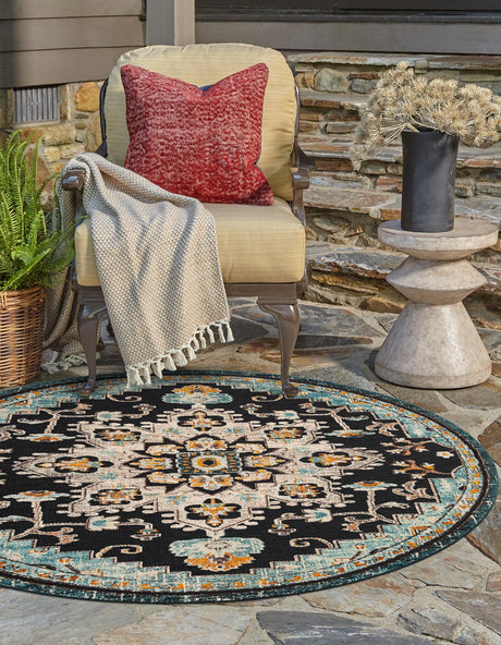 Navy Blue 6' 1 x 6' 1 Outdoor Casablanca Round Area Rug Weather Resistant for Patio, Deck, Terrace, Balcony, Porch Polypropylene Vivid Colorful Modern Carpet for Sale at Rug Engine