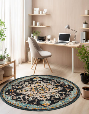 Navy Blue 6' 1 x 6' 1 Outdoor Casablanca Round Area Rug Weather Resistant for Patio, Deck, Terrace, Balcony, Porch Polypropylene Vivid Colorful Modern Carpet for Sale at Rug Engine