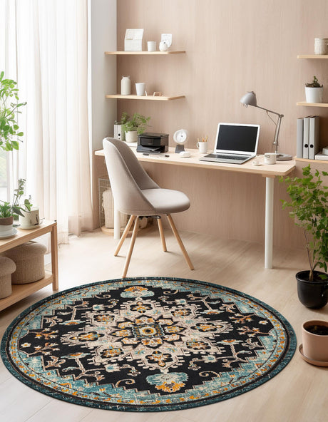 Navy Blue 3' 1 x 3' 1 Outdoor Casablanca Round Area Rug Weather Resistant for Patio, Deck, Terrace, Balcony, Porch Polypropylene Vivid Colorful Modern Carpet for Sale at Rug Engine