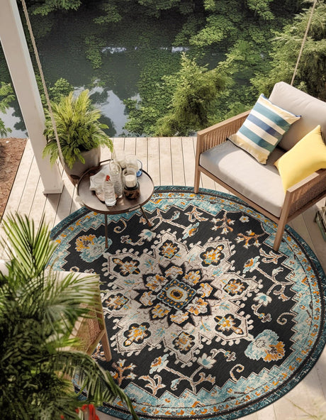 Navy Blue 6' 1 x 6' 1 Outdoor Casablanca Round Area Rug Weather Resistant for Patio, Deck, Terrace, Balcony, Porch Polypropylene Vivid Colorful Modern Carpet for Sale at Rug Engine