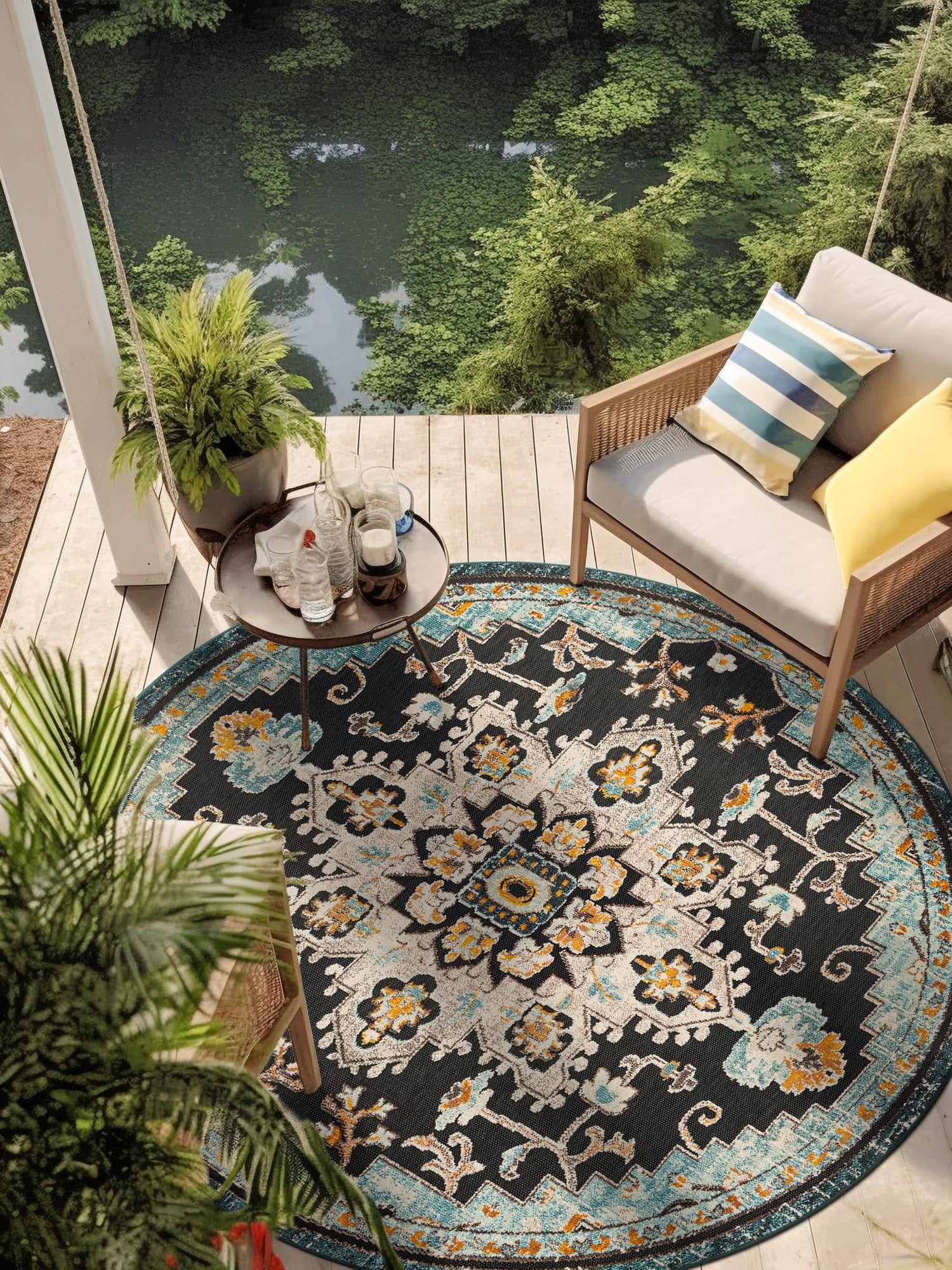 Navy Blue 3' 1 x 3' 1 Outdoor Casablanca Round Area Rug Weather Resistant for Patio, Deck, Terrace, Balcony, Porch Polypropylene Vivid Colorful Modern Carpet for Sale at Rug Engine