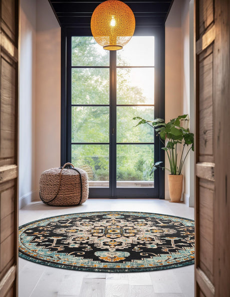 Navy Blue 6' 1 x 6' 1 Outdoor Casablanca Round Area Rug Weather Resistant for Patio, Deck, Terrace, Balcony, Porch Polypropylene Vivid Colorful Modern Carpet for Sale at Rug Engine