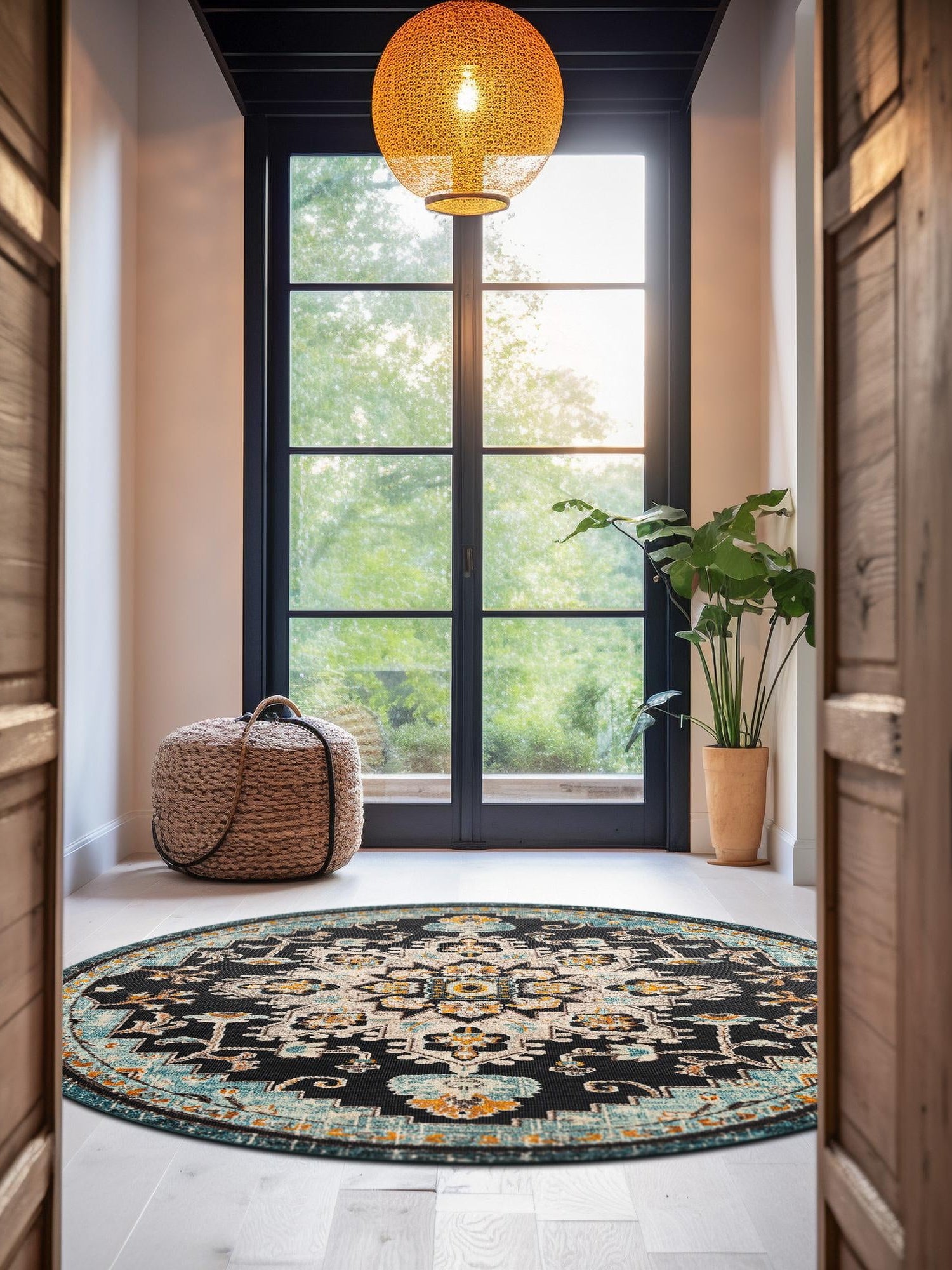 Navy Blue 3' 1 x 3' 1 Outdoor Casablanca Round Area Rug Weather Resistant for Patio, Deck, Terrace, Balcony, Porch Polypropylene Vivid Colorful Modern Carpet for Sale at Rug Engine