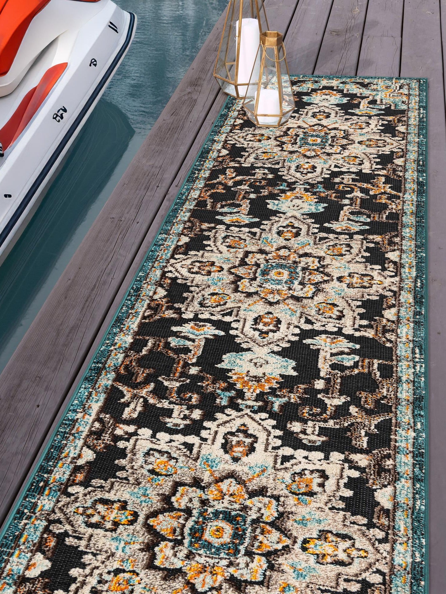 Navy Blue 2' x 8' Outdoor Casablanca Runner Area Rug Weather Resistant for Patio, Deck, Terrace, Balcony, Porch Polypropylene Vivid Colorful Modern Carpet for Sale at Rug Engine