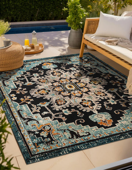 Navy Blue 7' 10 x 7' 10 Outdoor Casablanca Square Area Rug Weather Resistant for Patio, Deck, Terrace, Balcony, Porch Polypropylene Vivid Colorful Modern Carpet for Sale at Rug Engine