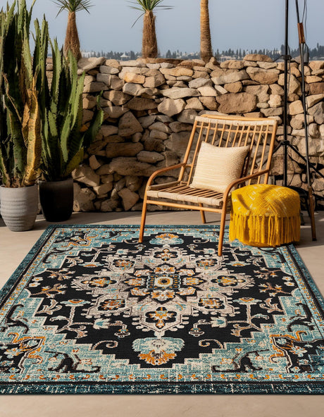 Navy Blue 7' 10 x 7' 10 Outdoor Casablanca Square Area Rug Weather Resistant for Patio, Deck, Terrace, Balcony, Porch Polypropylene Vivid Colorful Modern Carpet for Sale at Rug Engine