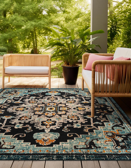 Navy Blue 10' x 10' Outdoor Casablanca Square Area Rug Weather Resistant for Patio, Deck, Terrace, Balcony, Porch Polypropylene Vivid Colorful Modern Carpet for Sale at Rug Engine