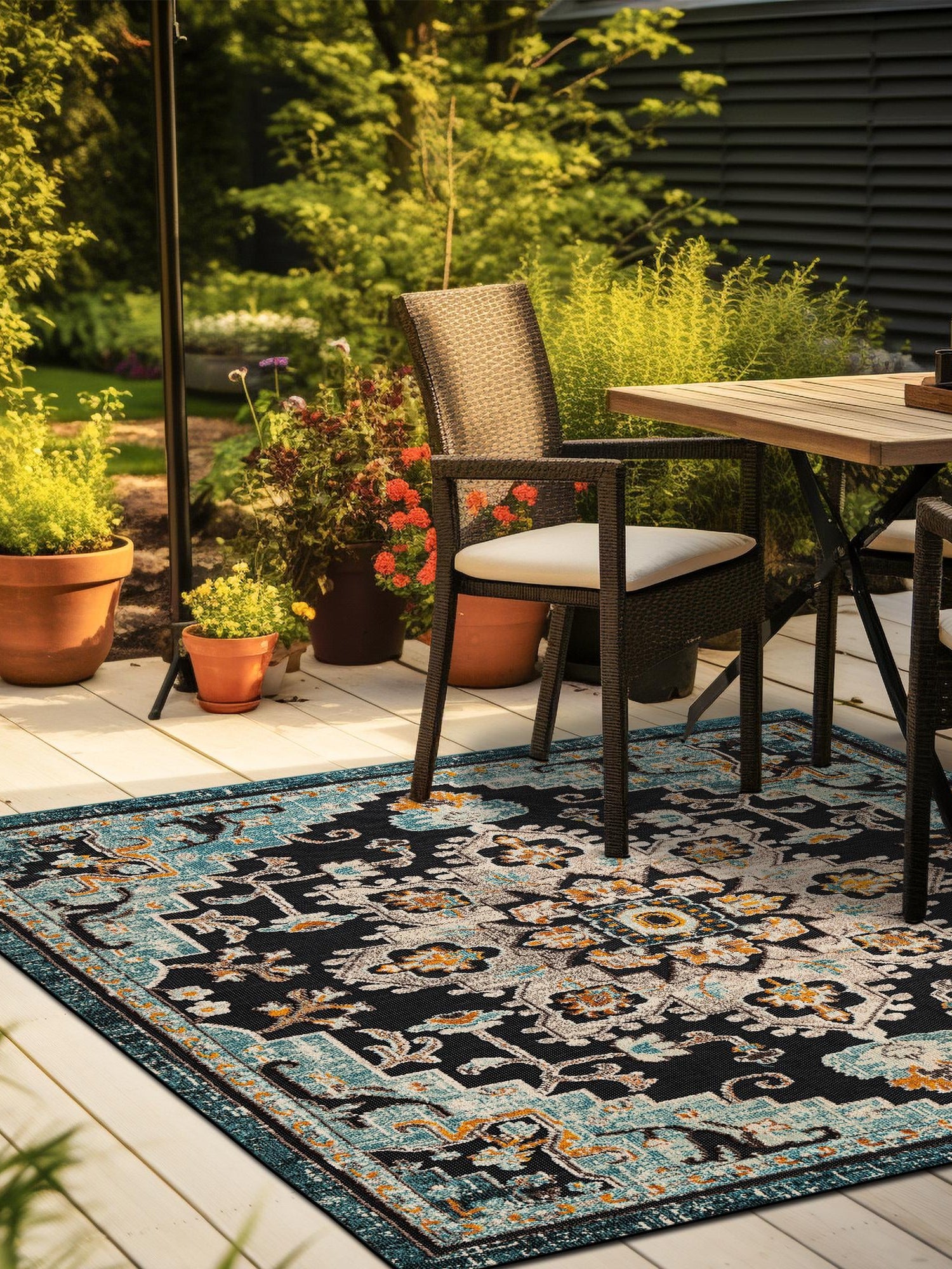 Navy Blue 10' x 10' Outdoor Casablanca Square Area Rug Weather Resistant for Patio, Deck, Terrace, Balcony, Porch Polypropylene Vivid Colorful Modern Carpet for Sale at Rug Engine