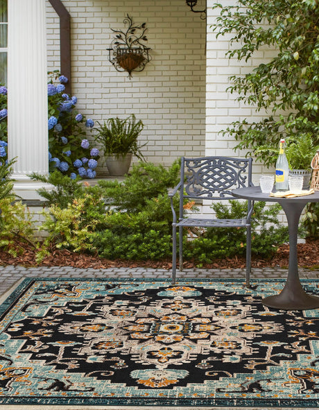 Navy Blue 10' x 10' Outdoor Casablanca Square Area Rug Weather Resistant for Patio, Deck, Terrace, Balcony, Porch Polypropylene Vivid Colorful Modern Carpet for Sale at Rug Engine