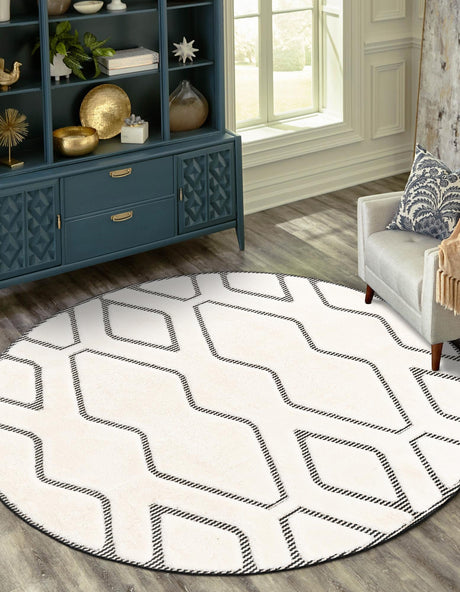 Ivory White 3' 1 x 3' 1 Prismatic Round Area Rug Modern Geometric Unique Design Carpet for Contemporary Interior Home Decorating for Sale at Rug Engine