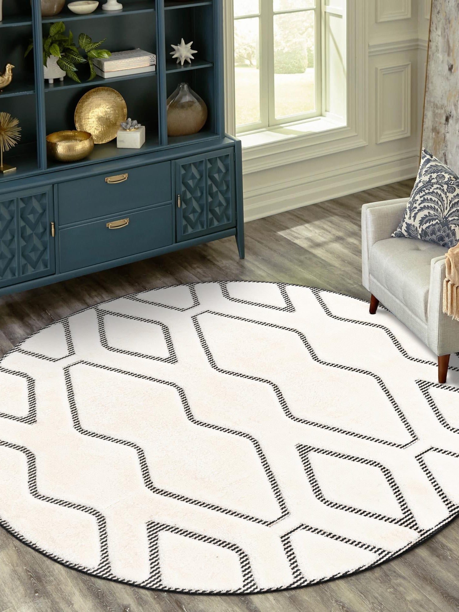 Ivory White 7' 10 x 7' 10 Prismatic Round Area Rug Modern Geometric Unique Design Carpet for Contemporary Interior Home Decorating for Sale at Rug Engine