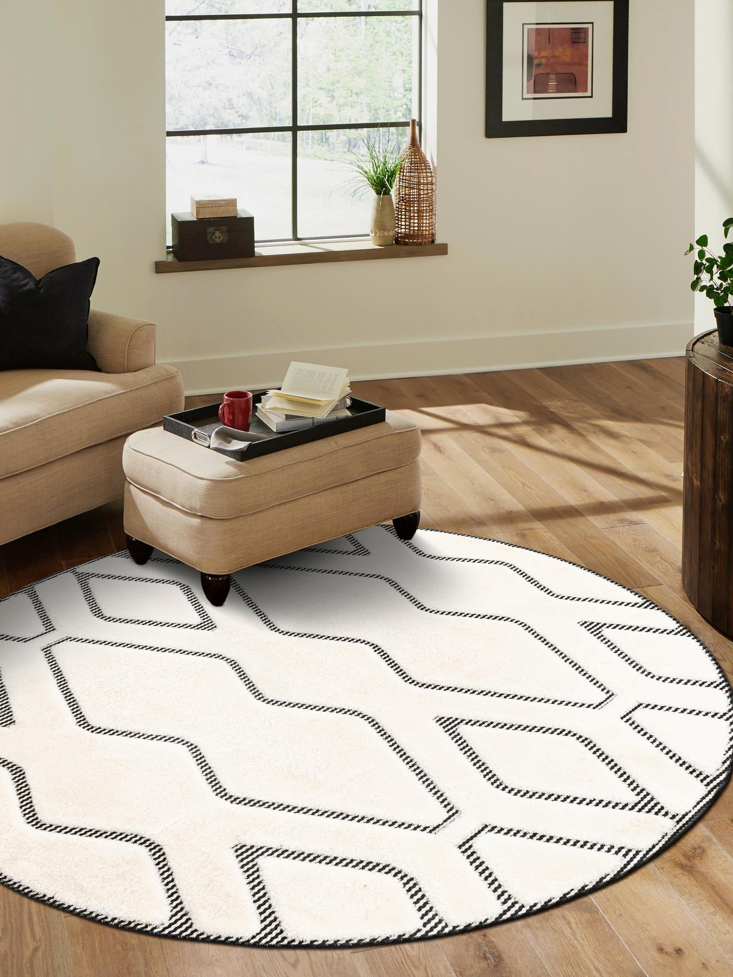 Ivory White 7' 10 x 7' 10 Prismatic Round Area Rug Modern Geometric Unique Design Carpet for Contemporary Interior Home Decorating for Sale at Rug Engine