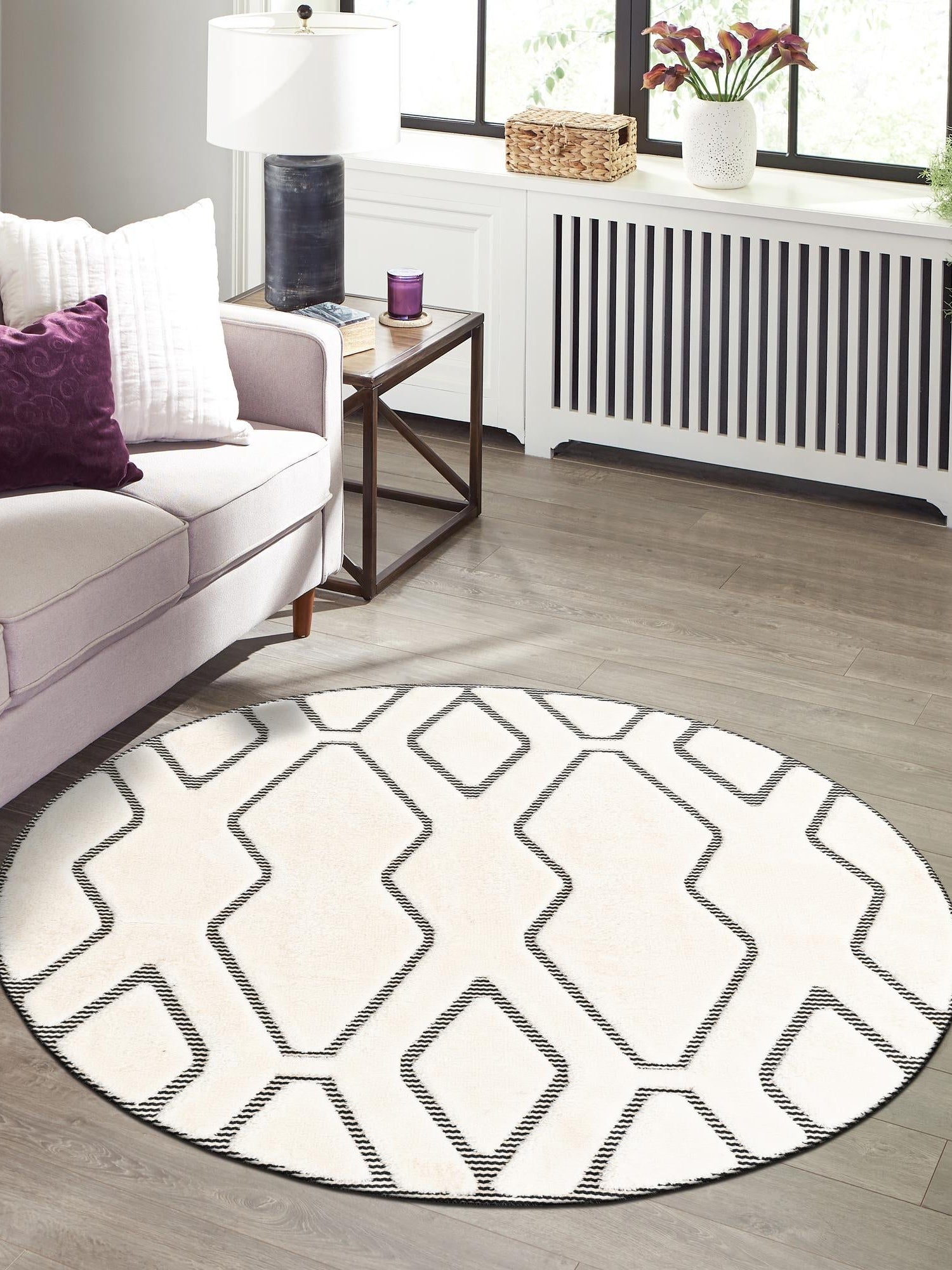 Ivory White 7' 10 x 7' 10 Prismatic Round Area Rug Modern Geometric Unique Design Carpet for Contemporary Interior Home Decorating for Sale at Rug Engine