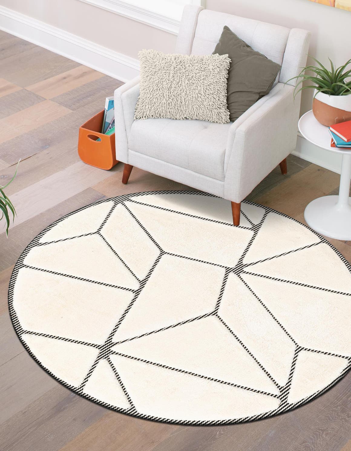 Ivory White 6' 1 x 6' 1 Prismatic Round Area Rug Modern Geometric Unique Design Carpet for Contemporary Interior Home Decorating for Sale at Rug Engine