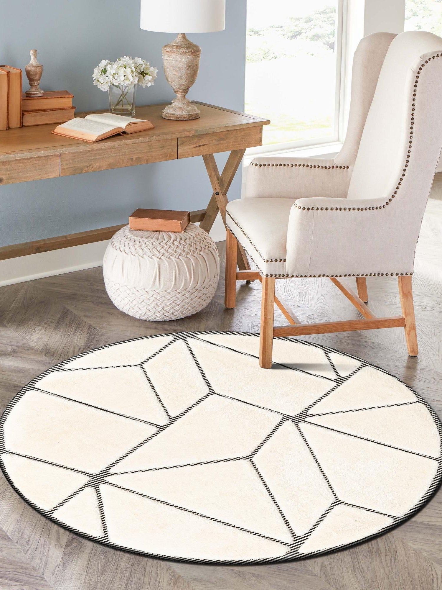 Ivory White 7' 10 x 7' 10 Prismatic Round Area Rug Modern Geometric Unique Design Carpet for Contemporary Interior Home Decorating for Sale at Rug Engine