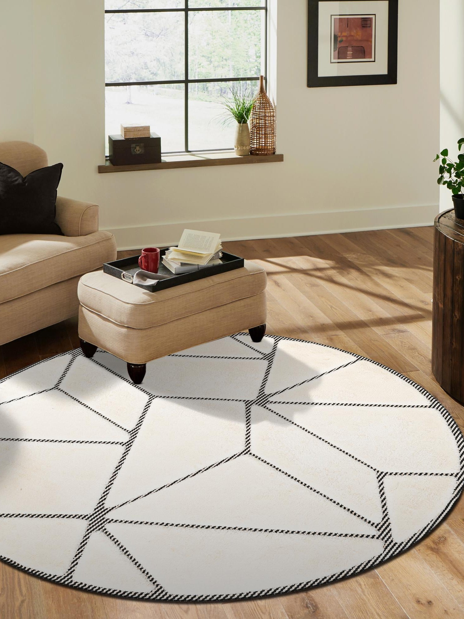 Ivory White 7' 10 x 7' 10 Prismatic Round Area Rug Modern Geometric Unique Design Carpet for Contemporary Interior Home Decorating for Sale at Rug Engine