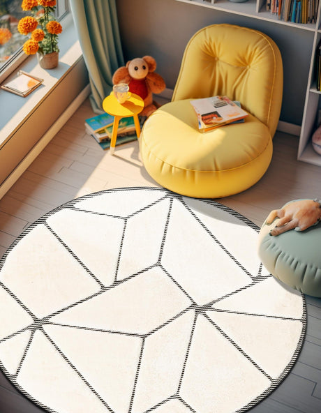 Ivory White 6' 1 x 6' 1 Prismatic Round Area Rug Modern Geometric Unique Design Carpet for Contemporary Interior Home Decorating for Sale at Rug Engine