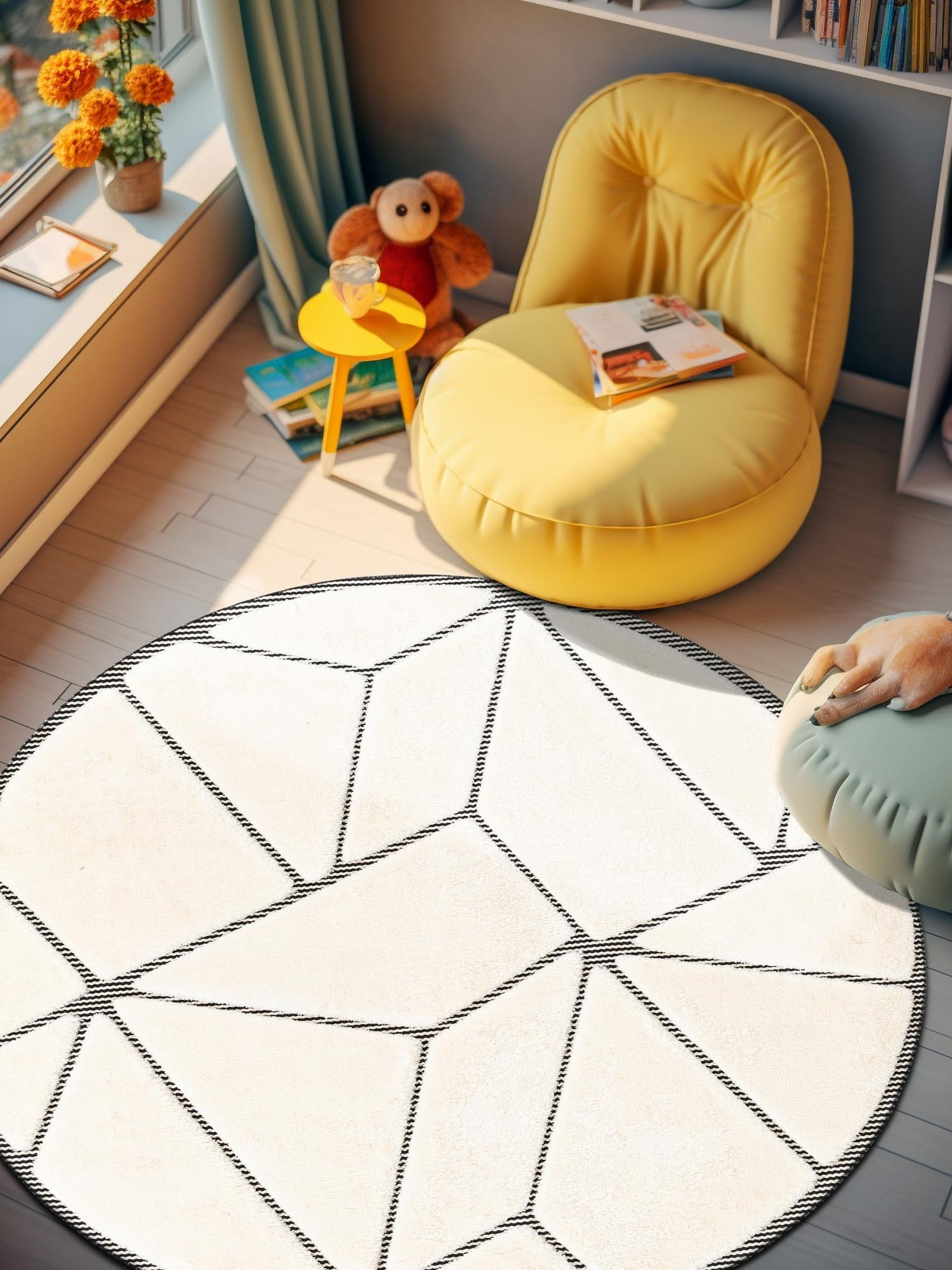 Ivory White 3' 1 x 3' 1 Prismatic Round Area Rug Modern Geometric Unique Design Carpet for Contemporary Interior Home Decorating for Sale at Rug Engine
