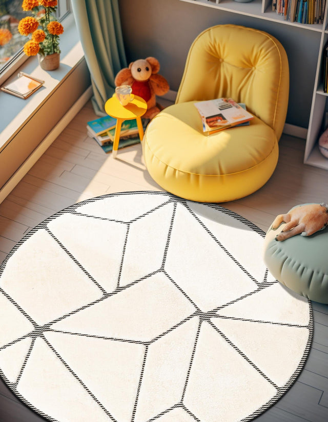 Ivory White 3' 1 x 3' 1 Prismatic Round Area Rug Modern Geometric Unique Design Carpet for Contemporary Interior Home Decorating for Sale at Rug Engine