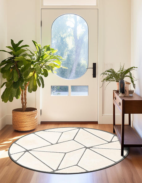 Ivory White 3' 1 x 3' 1 Prismatic Round Area Rug Modern Geometric Unique Design Carpet for Contemporary Interior Home Decorating for Sale at Rug Engine
