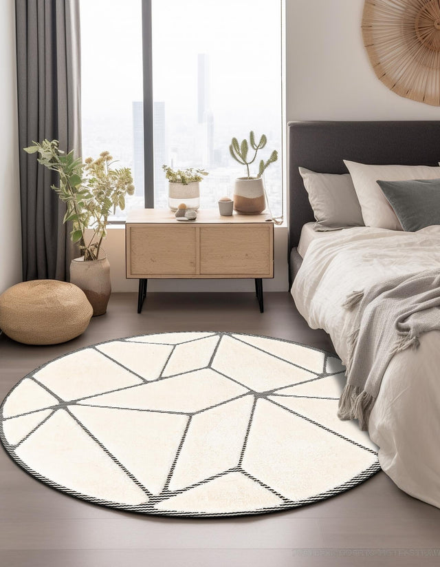 Ivory White 3' 1 x 3' 1 Prismatic Round Area Rug Modern Geometric Unique Design Carpet for Contemporary Interior Home Decorating for Sale at Rug Engine