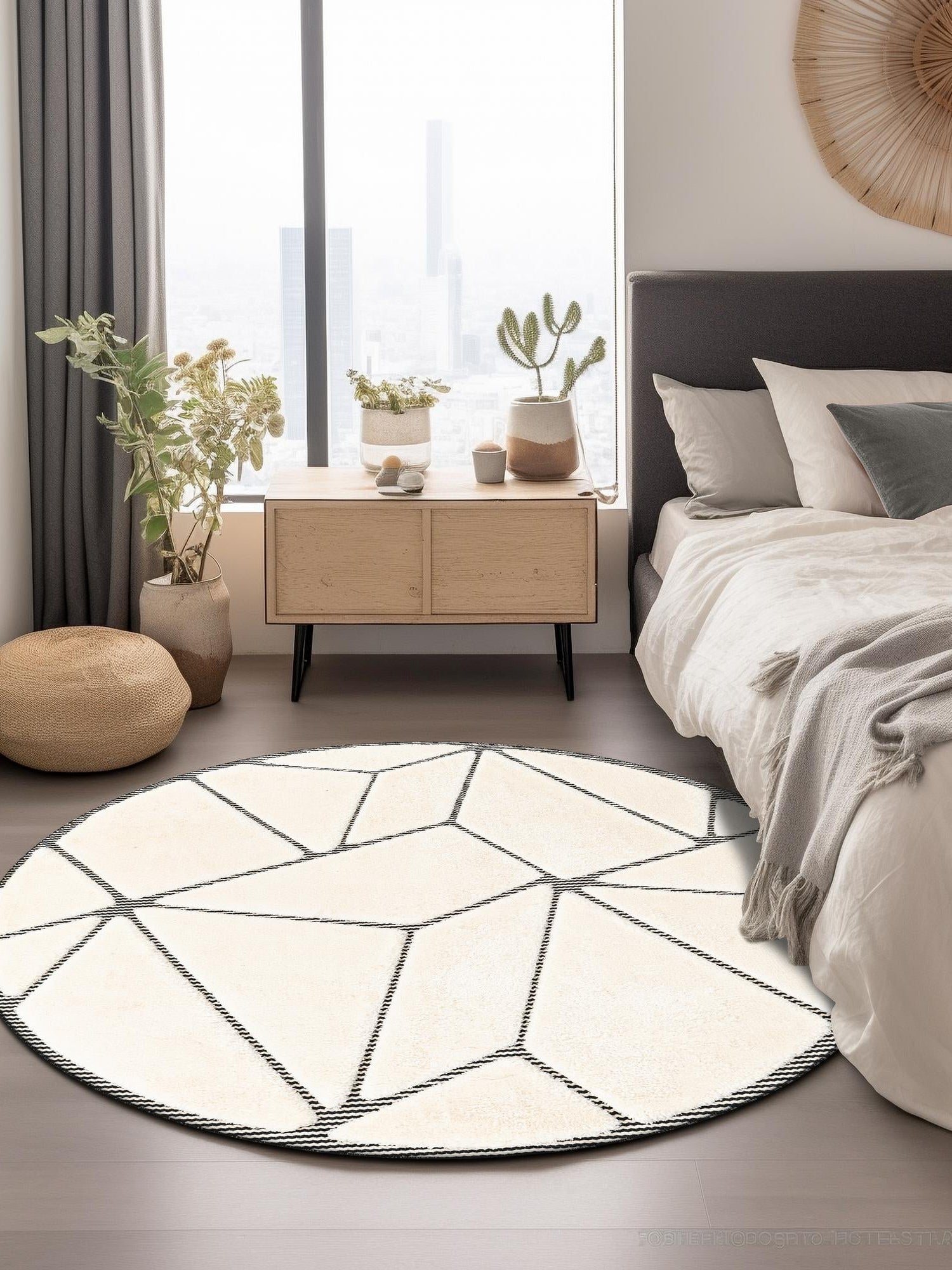 Ivory White 7' 10 x 7' 10 Prismatic Round Area Rug Modern Geometric Unique Design Carpet for Contemporary Interior Home Decorating for Sale at Rug Engine
