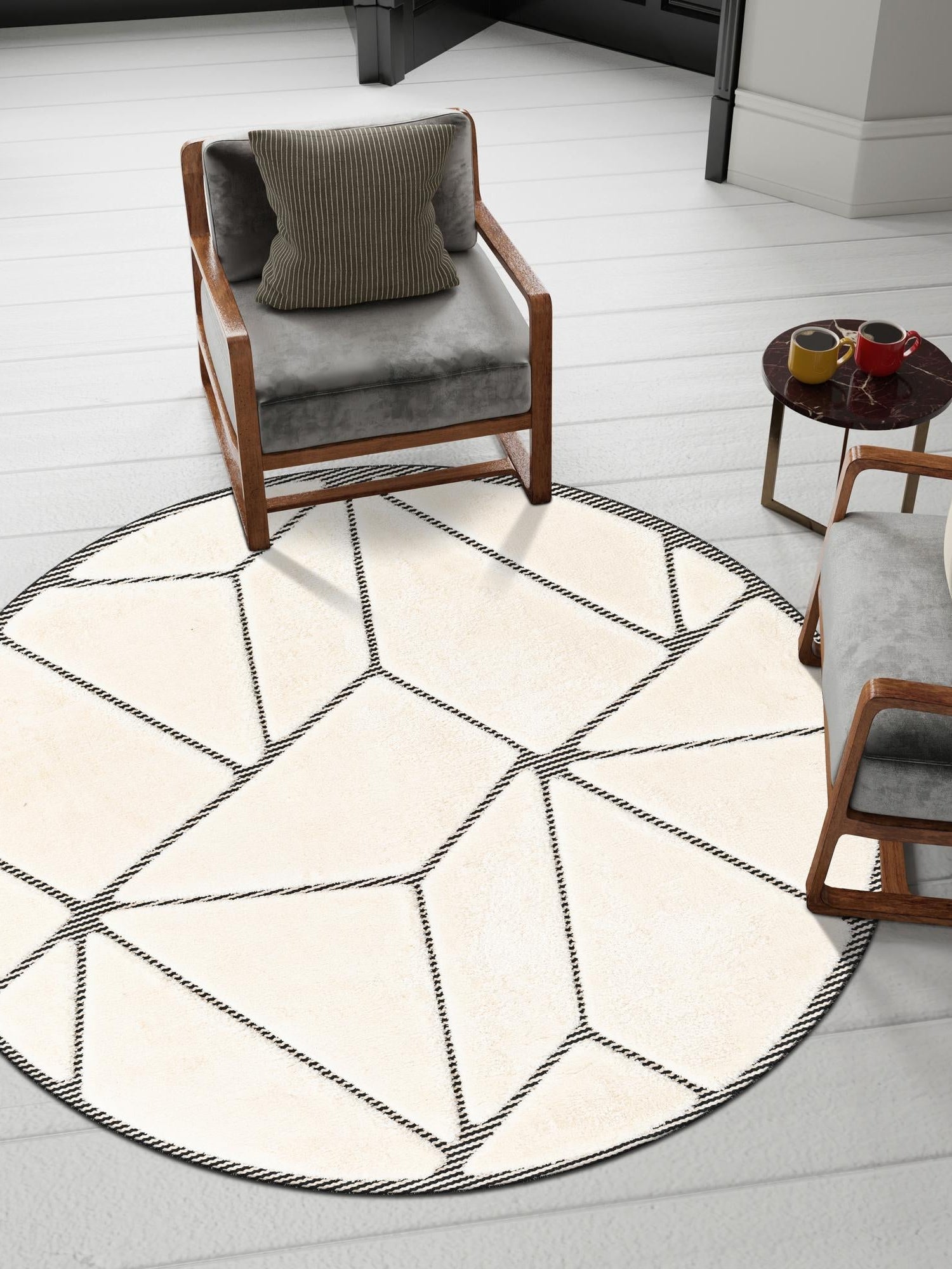Ivory White 7' 10 x 7' 10 Prismatic Round Area Rug Modern Geometric Unique Design Carpet for Contemporary Interior Home Decorating for Sale at Rug Engine