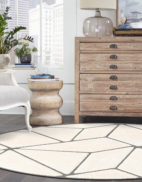 Ivory White 3' 1 x 3' 1 Prismatic Round Area Rug Modern Geometric Unique Design Carpet for Contemporary Interior Home Decorating for Sale at Rug Engine