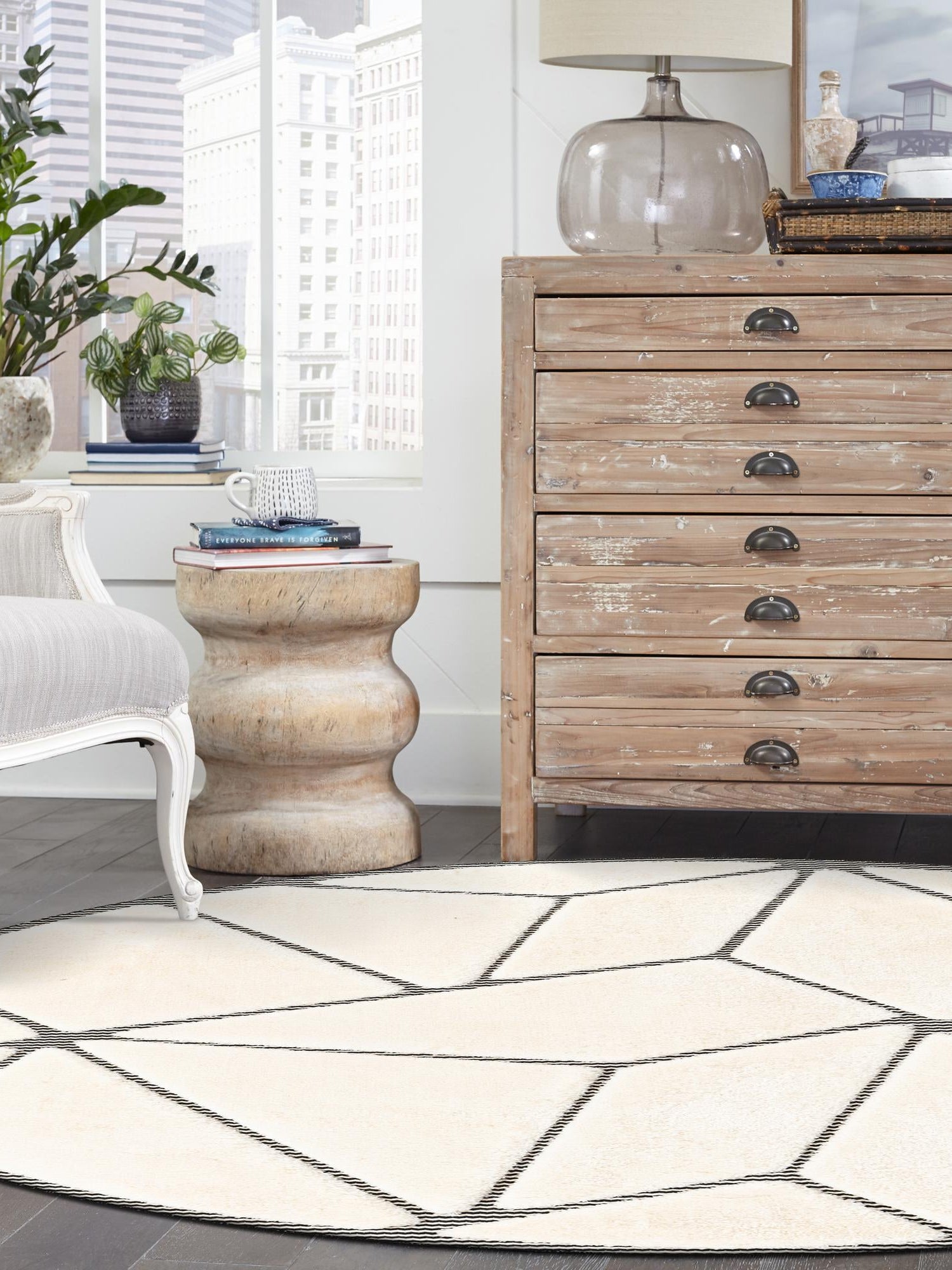 Ivory White 7' 10 x 7' 10 Prismatic Round Area Rug Modern Geometric Unique Design Carpet for Contemporary Interior Home Decorating for Sale at Rug Engine