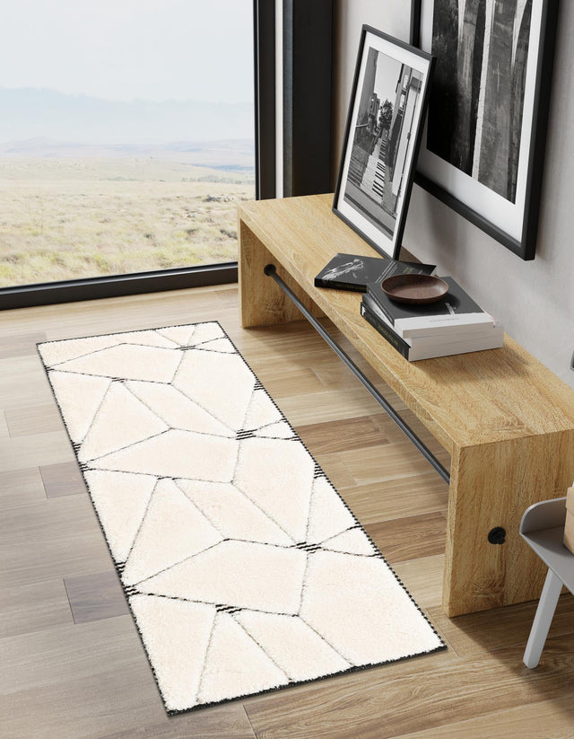 Ivory White 2' x 5' 1 Prismatic Runner Area Rug Modern Geometric Unique Design Carpet for Contemporary Interior Home Decorating for Sale at Rug Engine