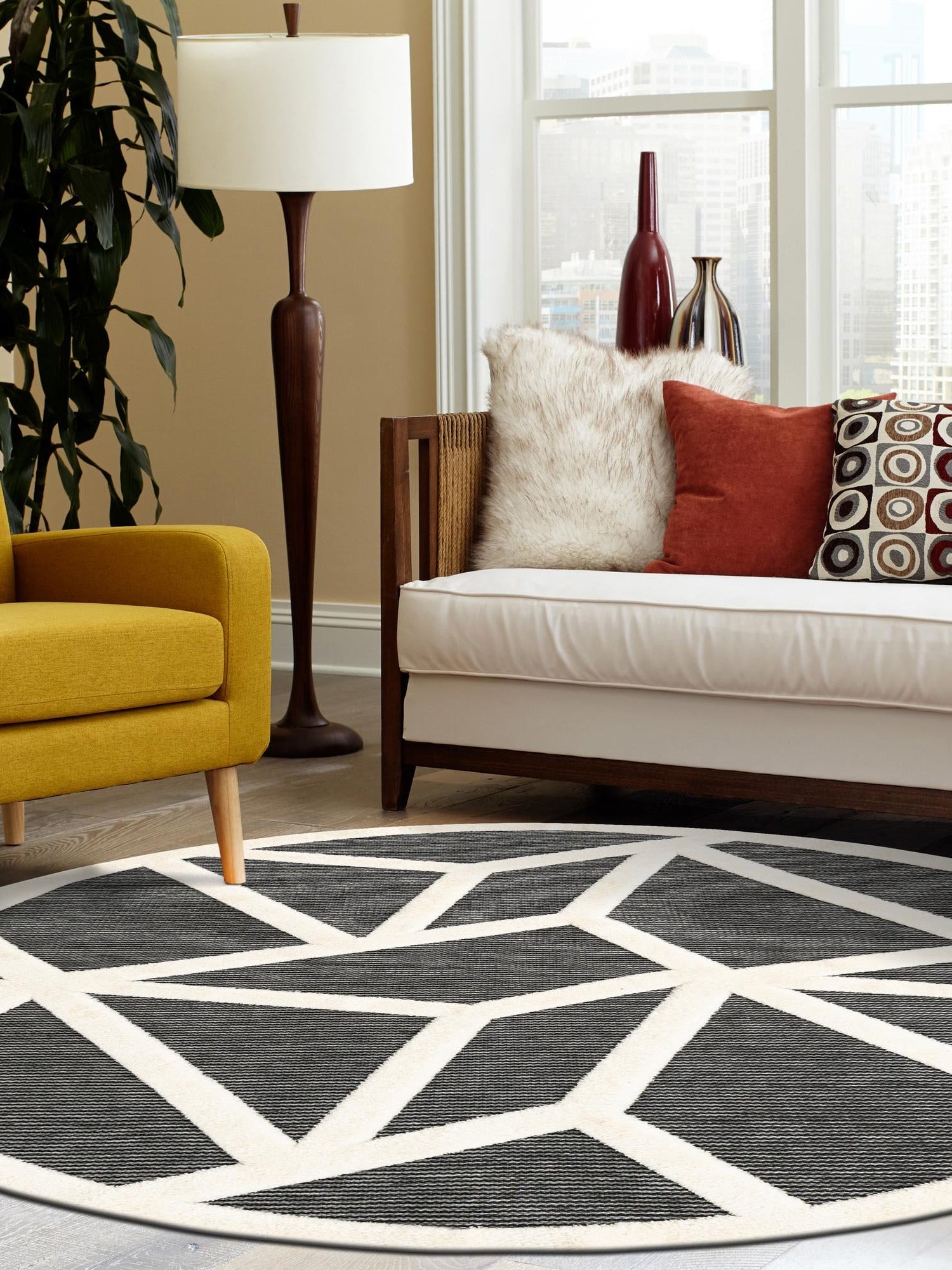 Gray 6' 1 x 6' 1 Prismatic Round Area Rug Modern Geometric Unique Design Carpet for Contemporary Interior Home Decorating for Sale at Rug Engine