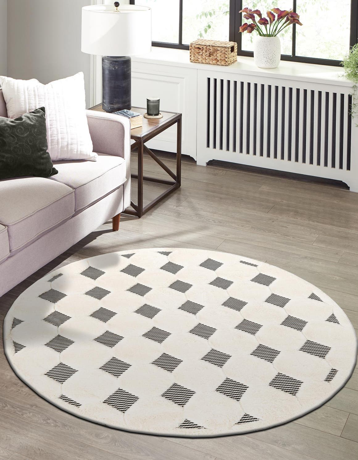 Black and White 7' 10 x 7' 10 Prismatic Round Area Rug Modern Geometric Unique Design Carpet for Contemporary Interior Home Decorating for Sale at Rug Engine