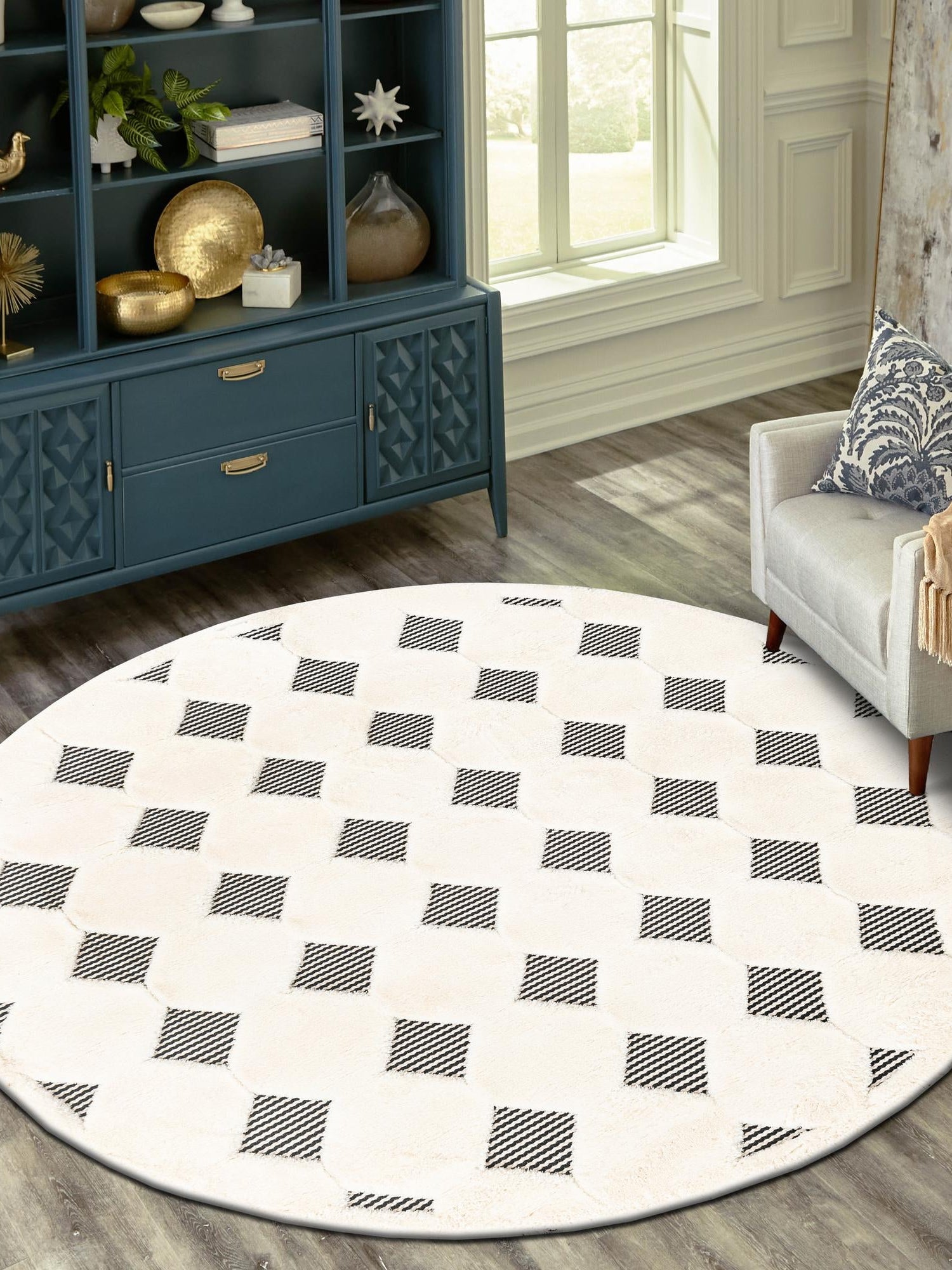 Black and White 3' 1 x 3' 1 Prismatic Round Area Rug Modern Geometric Unique Design Carpet for Contemporary Interior Home Decorating for Sale at Rug Engine