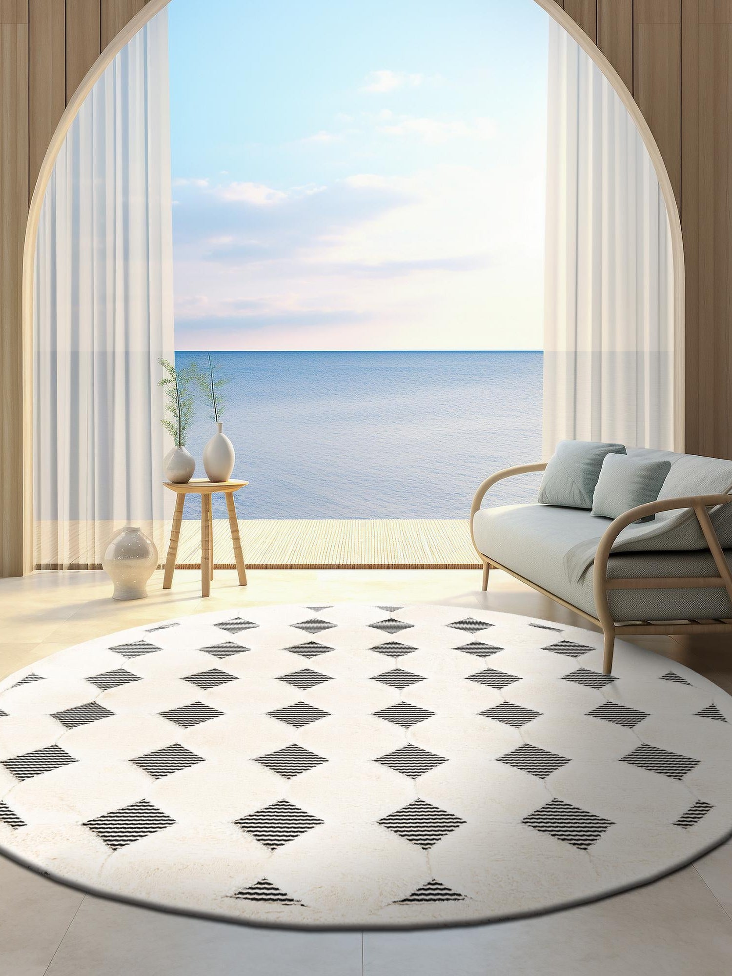 Black and White 7' 10 x 7' 10 Prismatic Round Area Rug Modern Geometric Unique Design Carpet for Contemporary Interior Home Decorating for Sale at Rug Engine