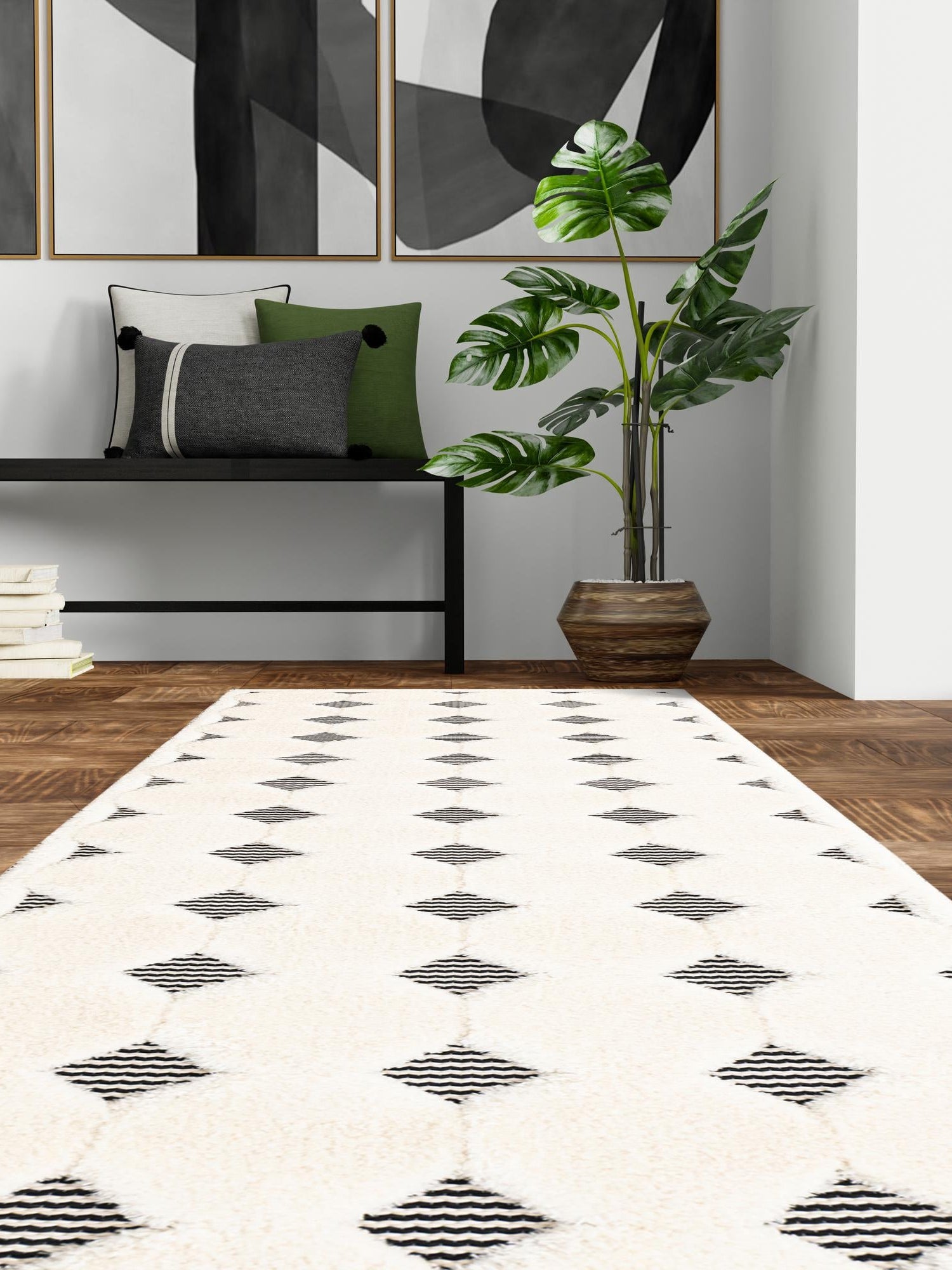 Black and White 2' 7 x 8' Prismatic Runner Area Rug Modern Geometric Unique Design Carpet for Contemporary Interior Home Decorating for Sale at Rug Engine