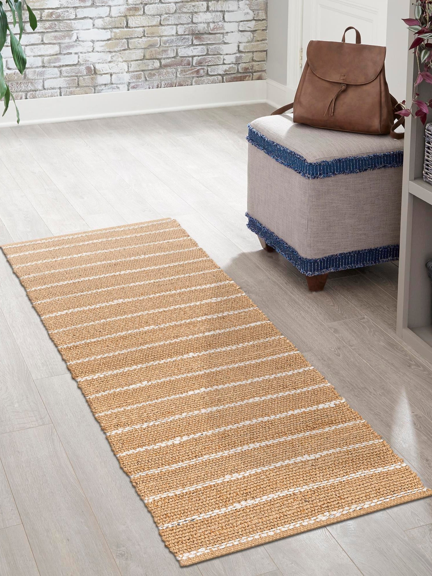 Natural 2' x 4' 1 Laurel Handwoven Jute Runner Area Rug Braided Jute With Cotton Rustic All Natural Carpet for Home Indoor Interior Design for Sale at Rug Engine